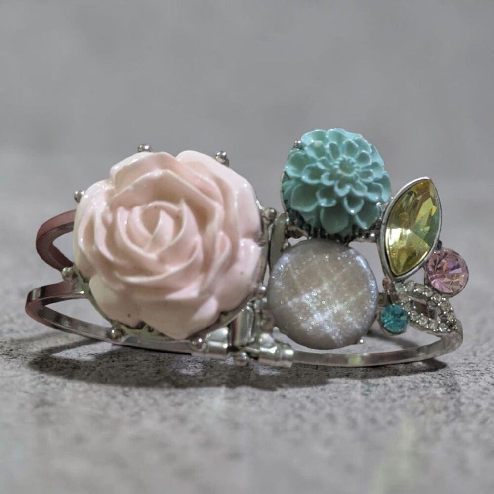 Vintage Cottagecore Floral Rhinestone Hinged Bracelet Pink Rose Statement Cuff